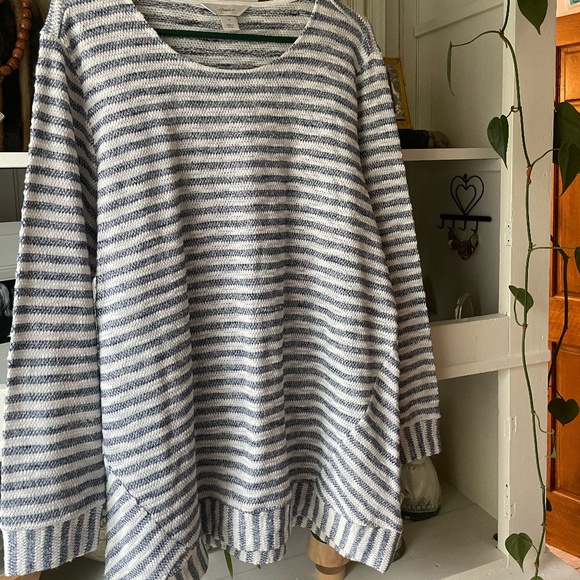 WOMENS PLUS SIZE CJ BANKS BLUE/WHITE STRIPED LONG SLEEVE BLOUSE 1X - Picture 2 of 9